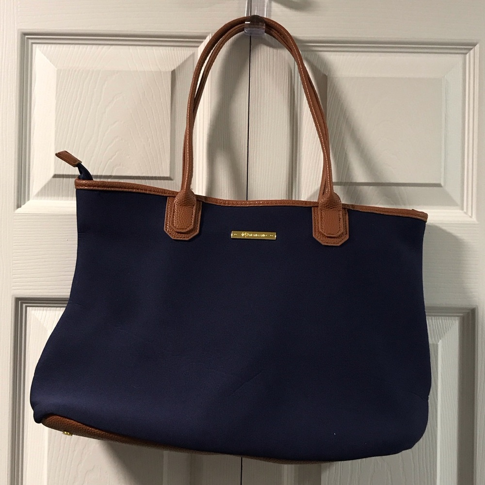 Joy Mangano Navy and Brown Women's Neoprene Travel Tote Bag